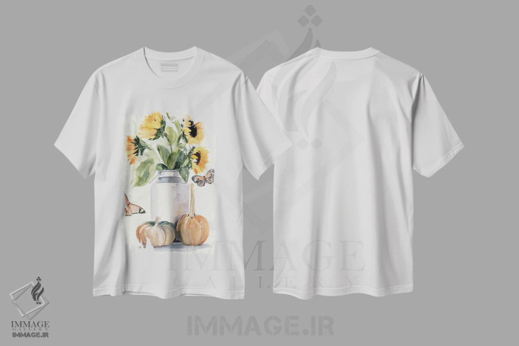 تیشرت سفید طرح دار آفتابگردان های پاییزی ۲، مدیوم اثر جنیفر پکستون پارکر | فروشگاه ایماژ