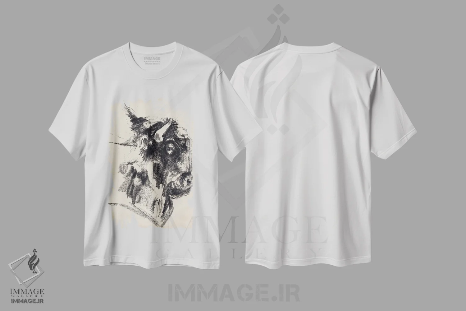 تیشرت سفید طرح دار اشاره سر گاومیش کوهان دار ۱، آبستره اثر جنیفر پکستون پارکر | immage.ir