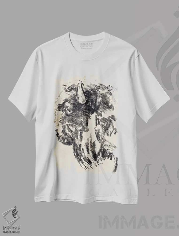 تیشرت سفید طرح دار اشاره سر گاومیش کوهان دار ۲، آبستره اثر جنیفر پکستون پارکر | فروشگاه ایماژ