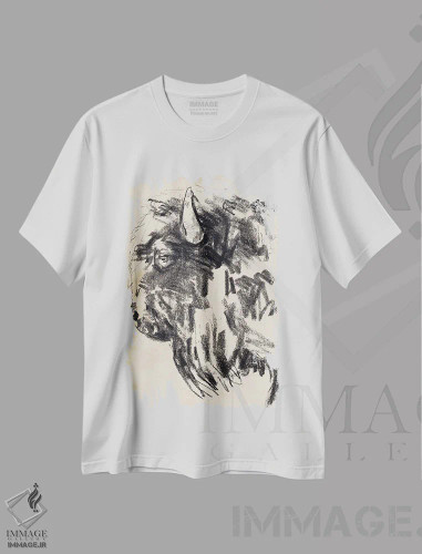 تیشرت سفید طرح دار اشاره سر گاومیش کوهان دار ۲، آبستره اثر جنیفر پکستون پارکر | فروشگاه ایماژ