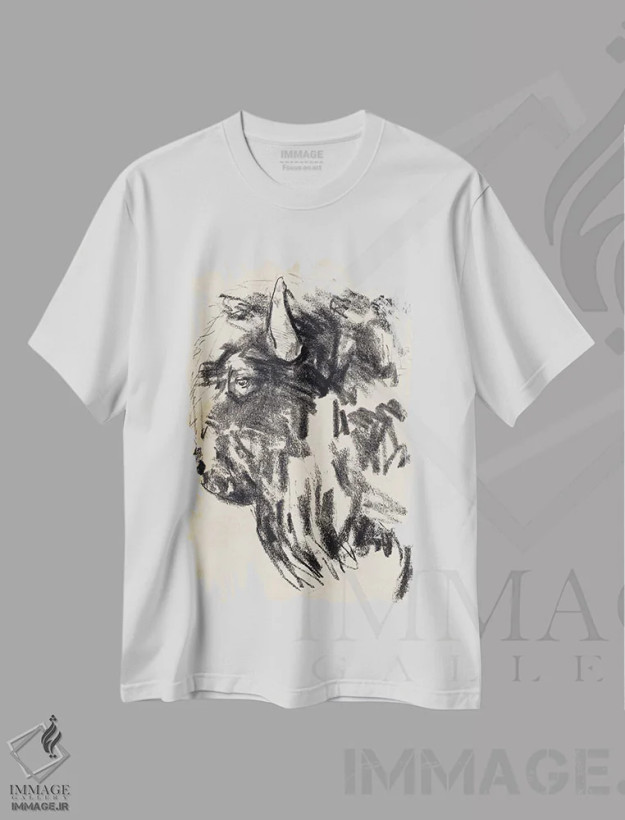 تیشرت سفید طرح دار اشاره سر گاومیش کوهان دار ۲، آبستره اثر جنیفر پکستون پارکر | فروشگاه ایماژ