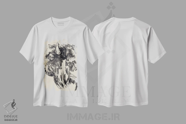 تیشرت سفید طرح دار اشاره سر گاومیش کوهان دار ۲، آبستره اثر جنیفر پکستون پارکر | فروشگاه ایماژ