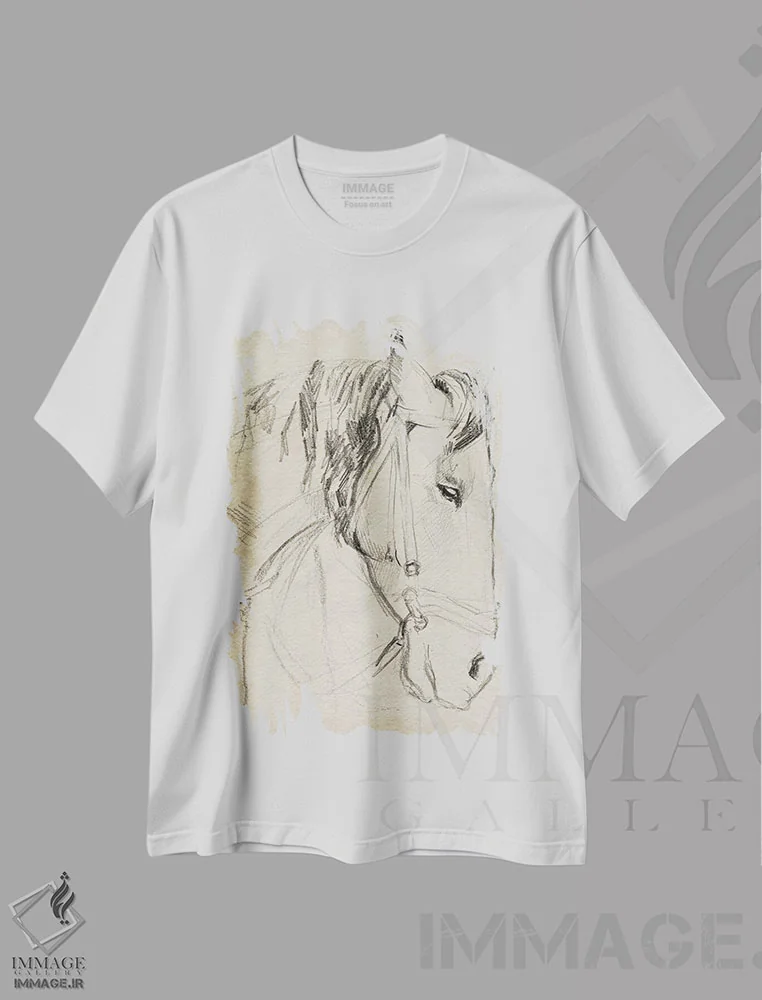 تیشرت سفید طرح دار اسب با مهار به صورت طراحی ۱، دکور معاصر اثر جنیفر پکستون پارکر | فروشگاه ایماژ