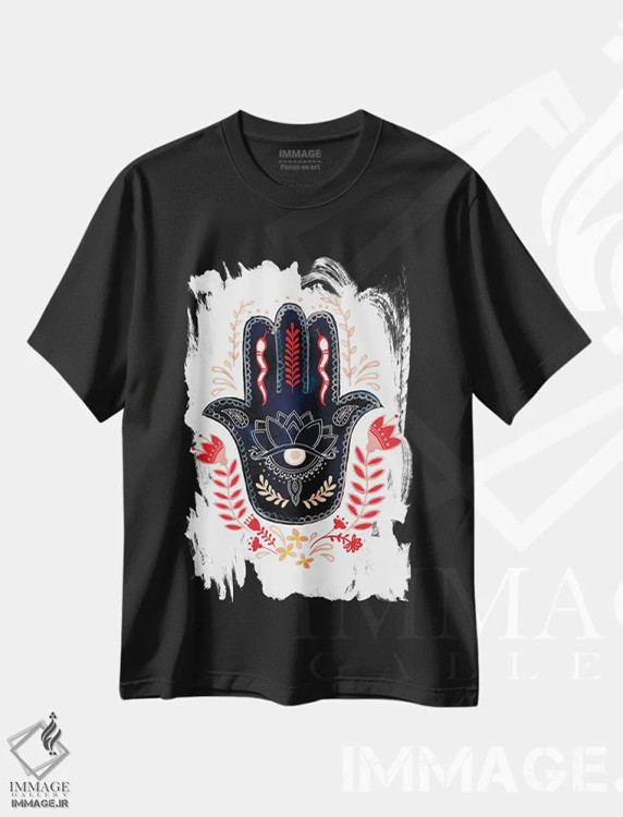 تیشرت مشکی طرح دار همسای دست سنتی ۱، دکور آسیایی اثر جنیفر پکستون پارکر | فروشگاه ایماژ