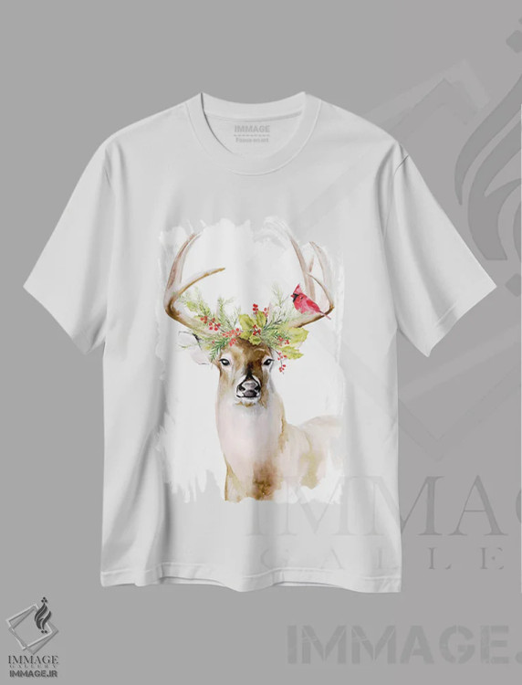 تیشرت سفید طرح دار گوزن تعطیلات ۱، حیوانات کریسمسی اثر جنیفر پکستون پارکر | فروشگاه ایماژ
