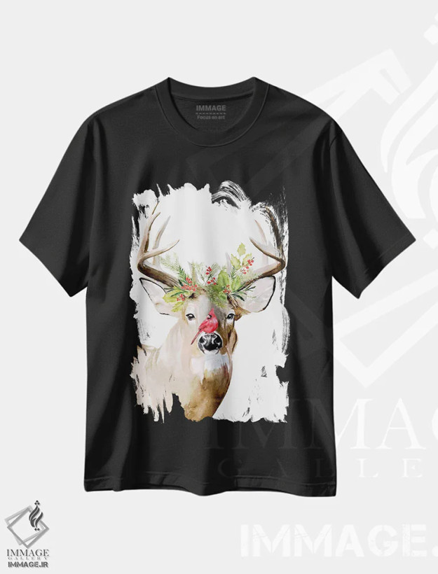 تیشرت مشکی طرح دار گوزن تعطیلات ۲، حیوانات کریسمسی اثر جنیفر پکستون پارکر | فروشگاه ایماژ