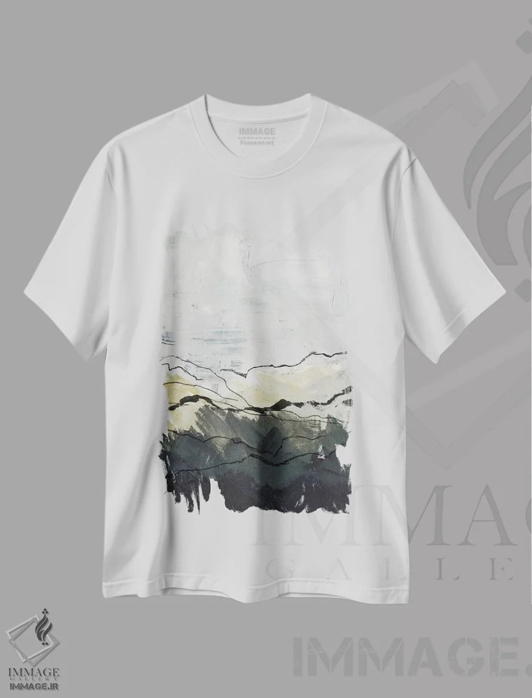 تیشرت سفید طرح دار کوهستان های زمستانی ۱، آبستره اثر جنیفر پکستون پارکر | immage.ir