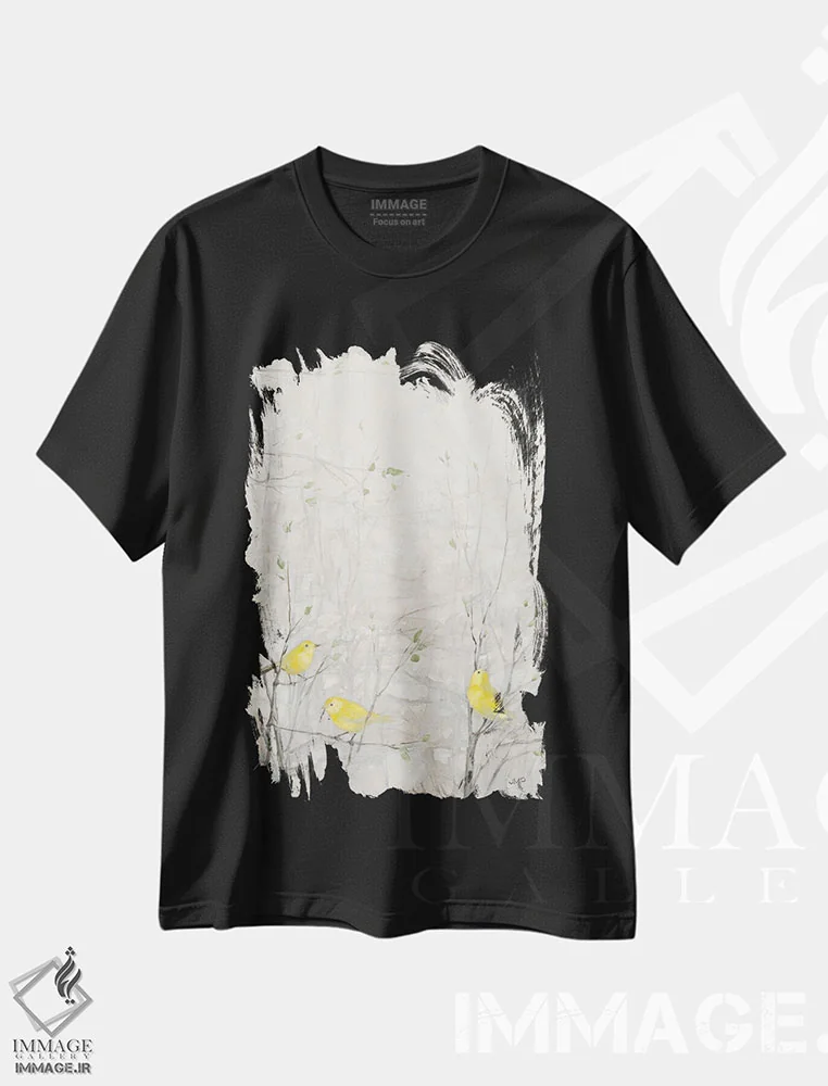 تیشرت مشکی طرح دار پرندگان روی درخت ۱، دکور معاصر اثر جولیا پورینتون | فروشگاه ایماژ