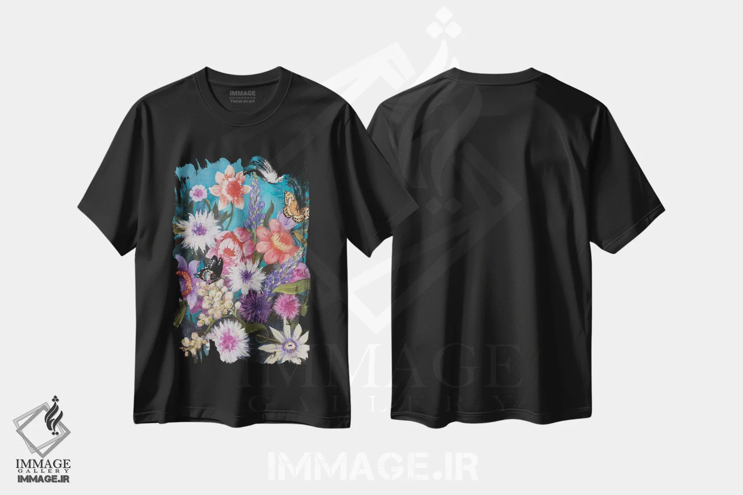 تیشرت مشکی طرح دار لذت باغ پروانه ها، دکور معاصر اثر جولیا پورینتون | فروشگاه ایماژ
