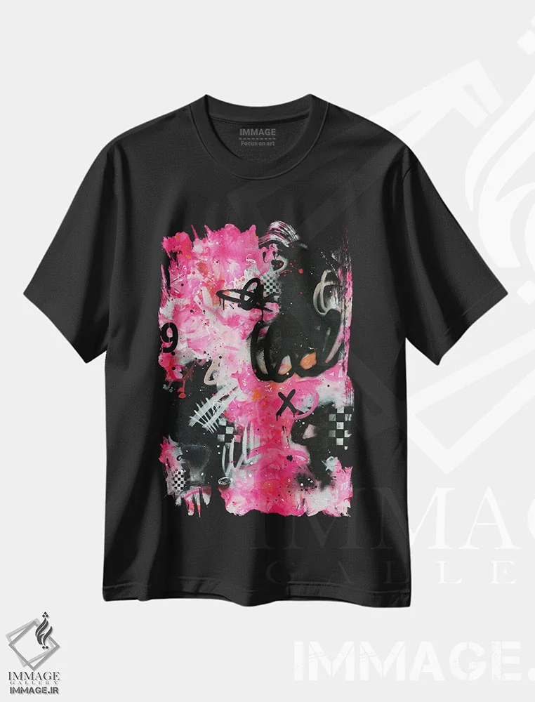 تیشرت مشکی طرح دار بانوان صورتی اثر جنیفر پتزر | فروشگاه ایماژ