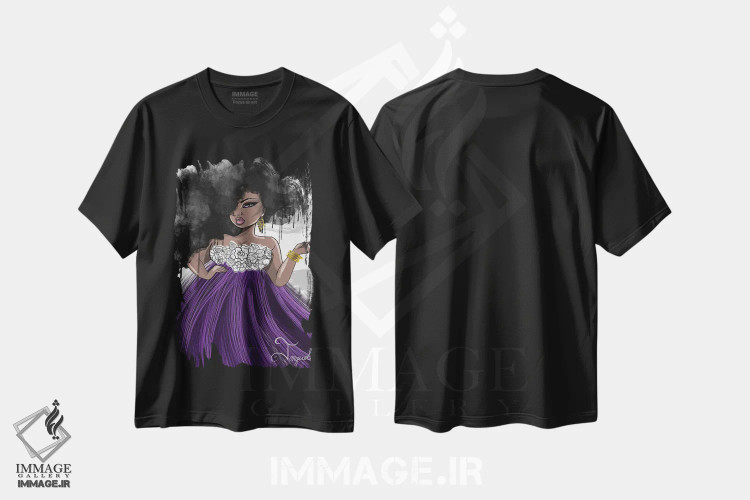 تیشرت مشکی طرح دار زیبا در بنفش، هنر آمریکایی آفریقایی تبار اثر جانکول آرت | immage.ir