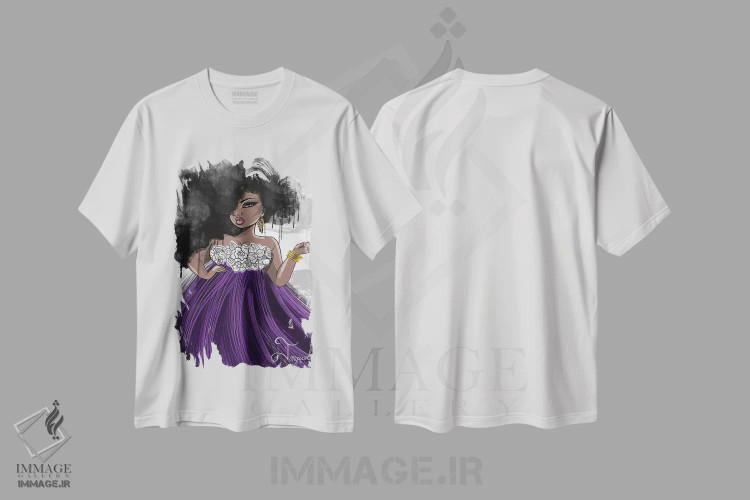 تیشرت سفید طرح دار زیبا در بنفش، هنر آمریکایی آفریقایی تبار اثر جانکول آرت | فروشگاه ایماژ