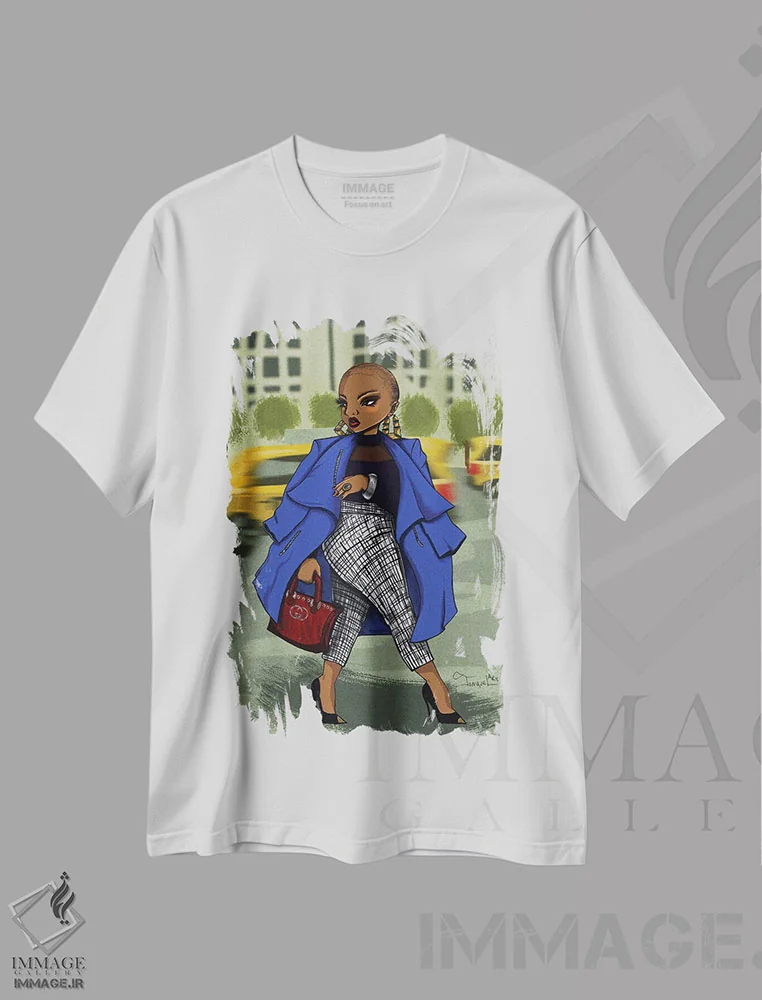 تیشرت سفید طرح دار انحناها در شهر، هنر آمریکایی آفریقایی تبار اثر جانکول آرت | immage.ir