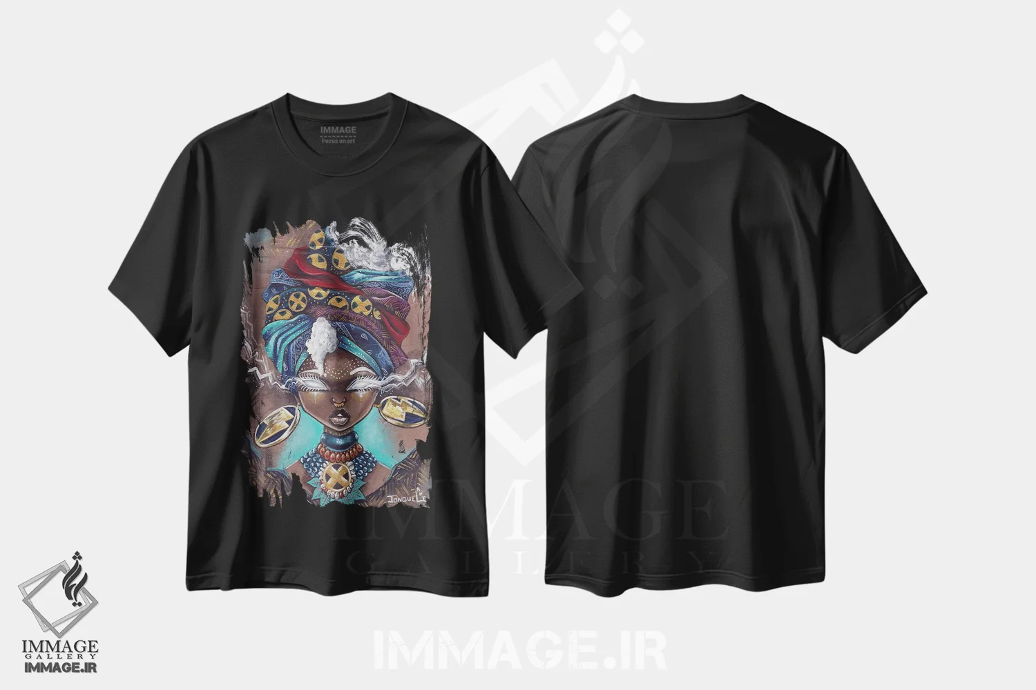 تیشرت مشکی طرح دار طوفان آفرو، هنر آمریکایی آفریقایی تبار اثر جانکول آرت | فروشگاه ایماژ