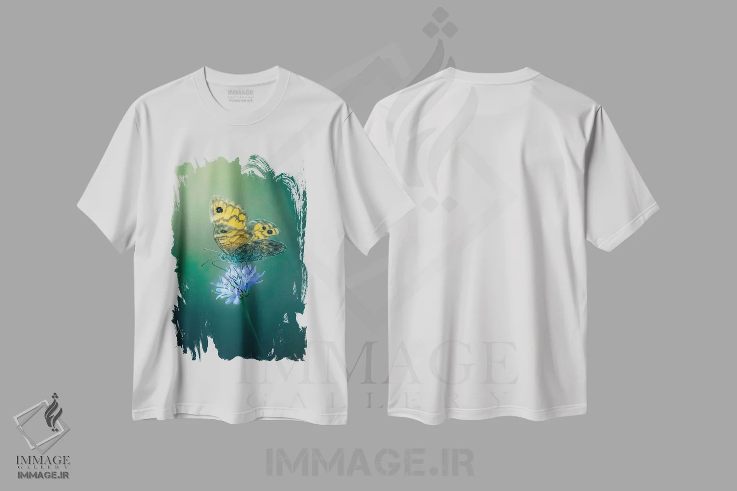 تیشرت سفید طرح دار پروانه روی گل، عکاسی ماکرو اثر جفرسون کاستلاری | immage.ir
