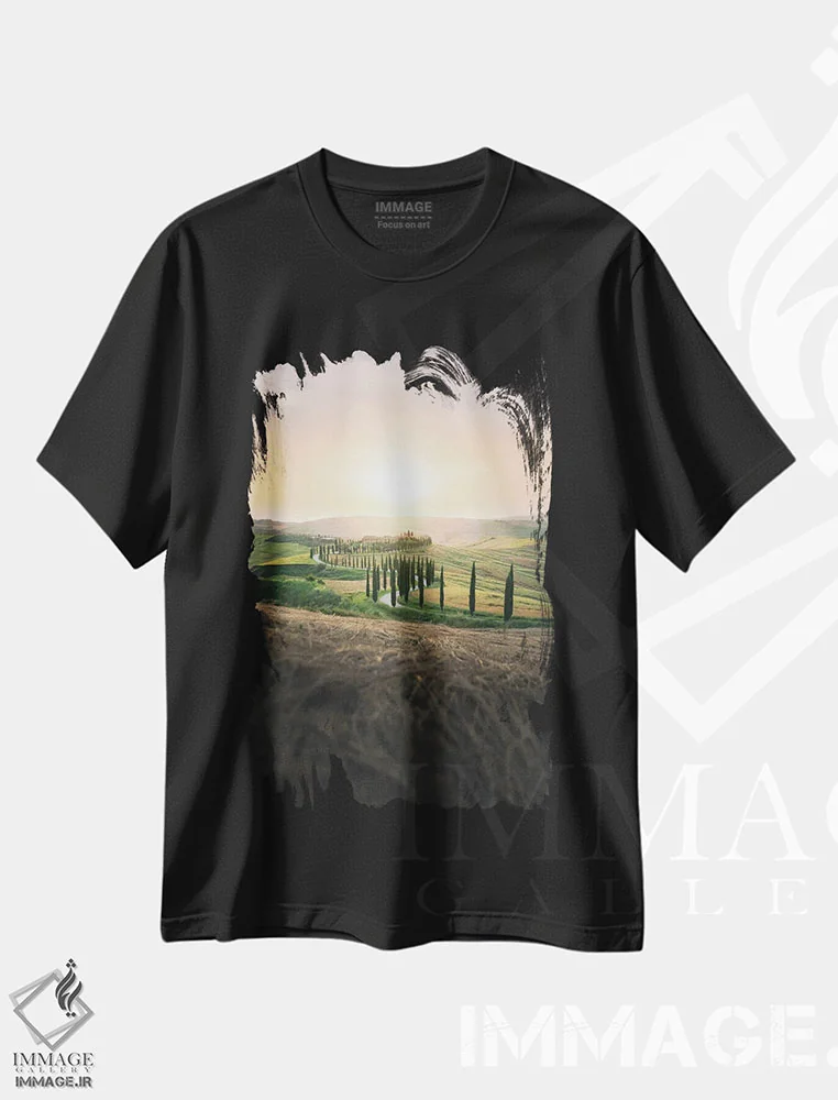 تیشرت مشکی طرح دار منظره توسکانی با خیابان درختان سرو هنگام غروب، مدیوم اثر جفرسون کاستلاری | فروشگاه ایماژ