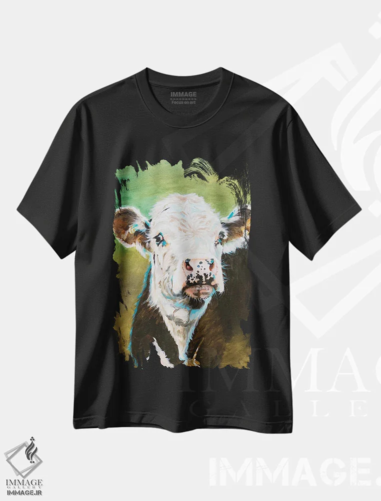 تیشرت مشکی طرح دار پرتره گاو، مدیوم اثر جنیفر رداستریک | فروشگاه ایماژ