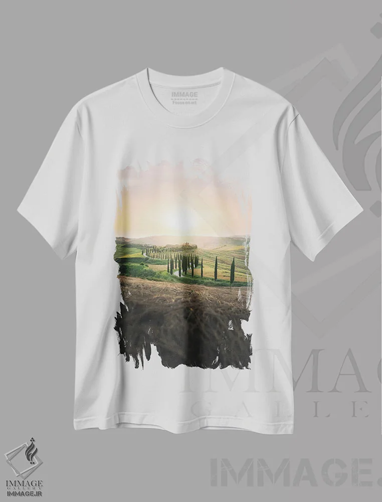 تیشرت سفید طرح دار منظره توسکانی با خیابان درختان سرو هنگام غروب، مدیوم اثر جفرسون کاستلاری | immage.ir