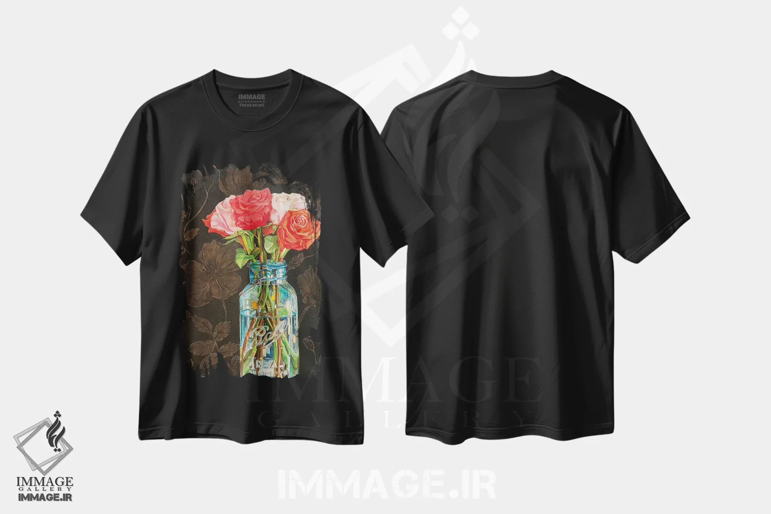 تیشرت مشکی طرح دار گل رز در شیشه ی Ball، دکور معاصر اثر جنیفر رداستریک | فروشگاه ایماژ