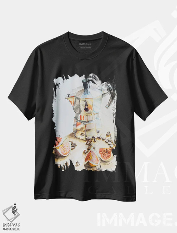 تیشرت مشکی طرح دار قهوه با انجیر، دکور معاصر اثر جنیفر رداستریک | فروشگاه ایماژ
