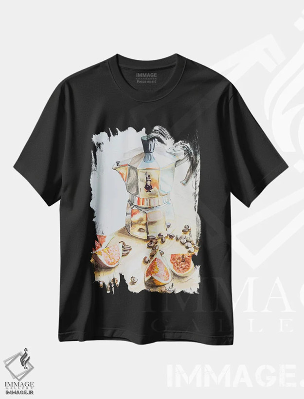 تیشرت مشکی طرح دار قهوه با انجیر، دکور معاصر اثر جنیفر رداستریک | فروشگاه ایماژ