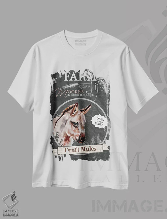 تیشرت سفید طرح دار قاطرهای کشاورزی، دکور روستایی اثر جنیفر رداستریک | فروشگاه ایماژ