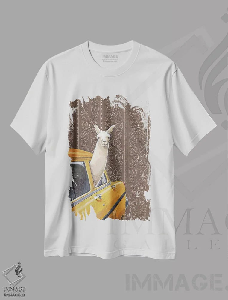 تیشرت سفید طرح دار لاما در حال تاکسی سواری اثر جیسون رتلیف | فروشگاه ایماژ