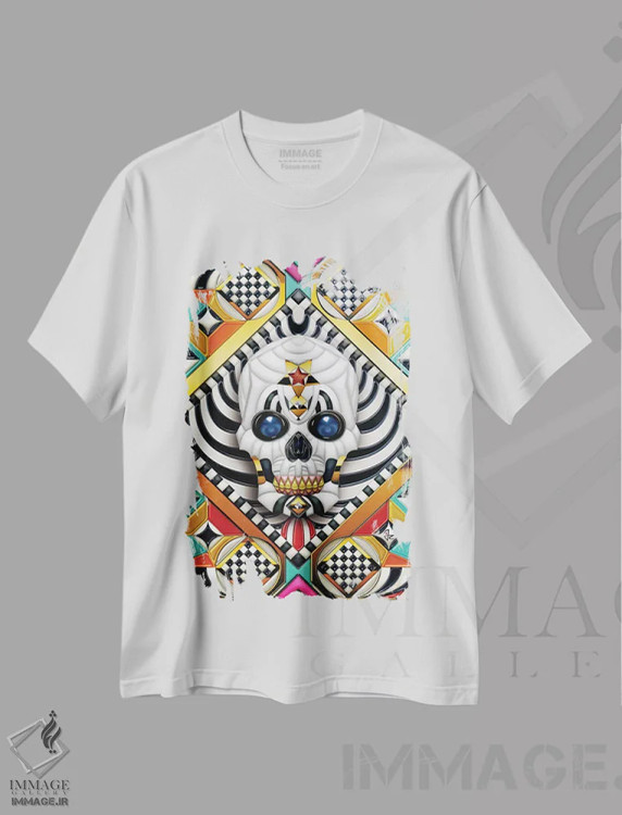 تیشرت سفید طرح دار جمجمه هندسی، هنر دیجیتال اثر جولیو روسی | فروشگاه ایماژ