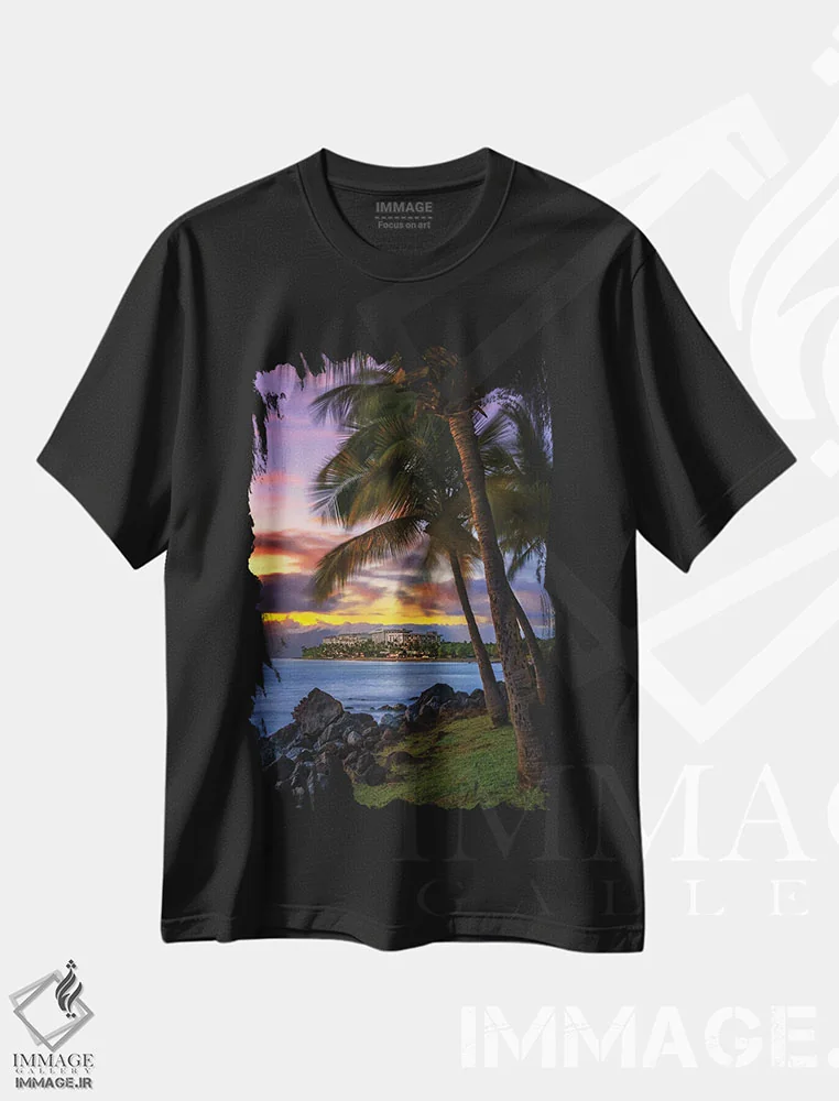 تیشرت مشکی طرح دار غروب خورشید بر هاوایی، مدیوم اثر عکاسی جاناتان راس | فروشگاه ایماژ