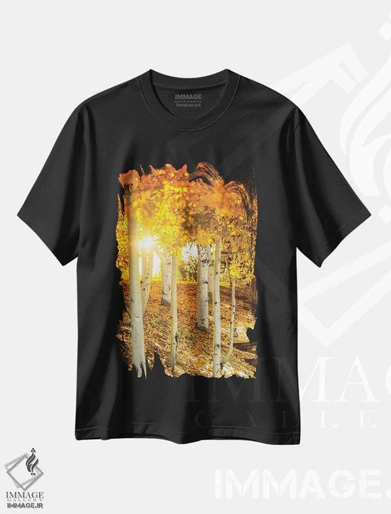 تیشرت مشکی طرح دار پرتوی خورشید میان درختان آسپن، مدیوم اثر عکاسی جاناتان راس | فروشگاه ایماژ