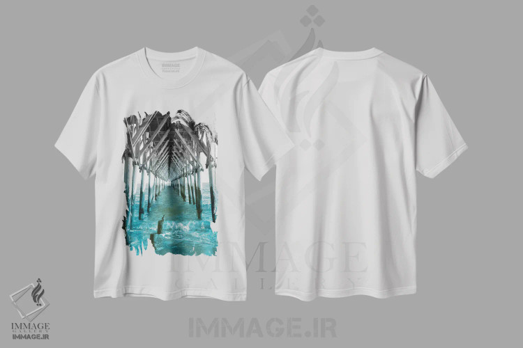 تیشرت سفید طرح دار اسکله فیروزه ای I، مدیوم اثر خیرو رودریگز | فروشگاه ایماژ