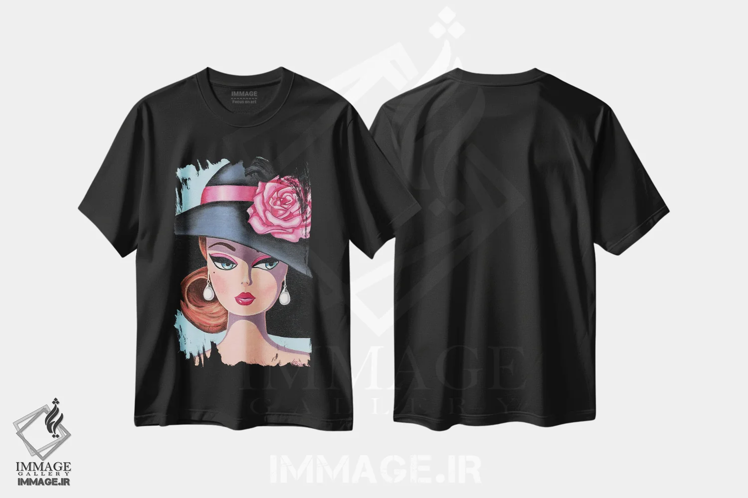 تیشرت مشکی طرح دار رز ابریشمی صورتی، مدیوم اثر هنر رترو جولی | فروشگاه ایماژ