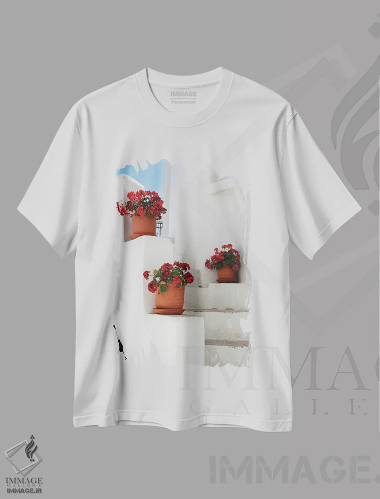 تیشرت سفید طرح دار گلدان ها روی پله های یونانی، مدیوم اثر جین ریکس | فروشگاه ایماژ