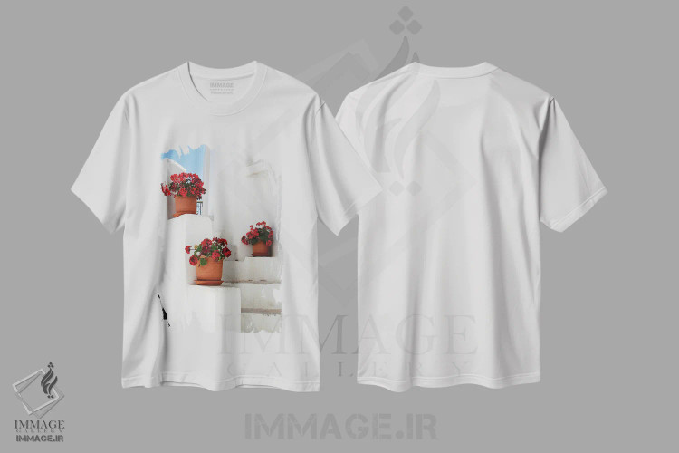 تیشرت سفید طرح دار گلدان ها روی پله های یونانی، مدیوم اثر جین ریکس | فروشگاه ایماژ