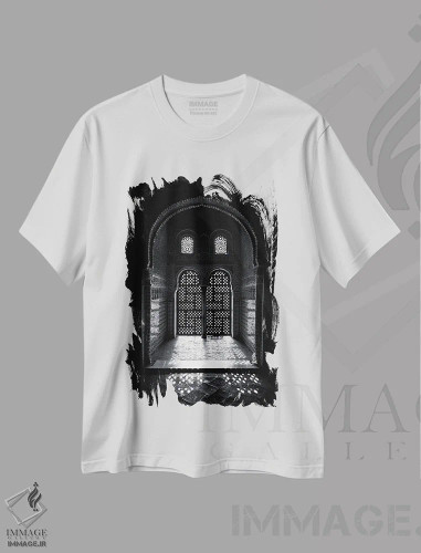 تیشرت سفید طرح دار Alhambra, Spain,پنجره عربسک الحمرا، اسپانیا، عکاسی سیاه و سفید اثر جین ریکس | فروشگاه ایماژ