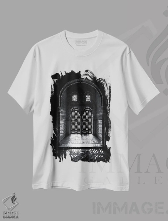 تیشرت سفید طرح دار Alhambra, Spain,پنجره عربسک الحمرا، اسپانیا، عکاسی سیاه و سفید اثر جین ریکس | فروشگاه ایماژ