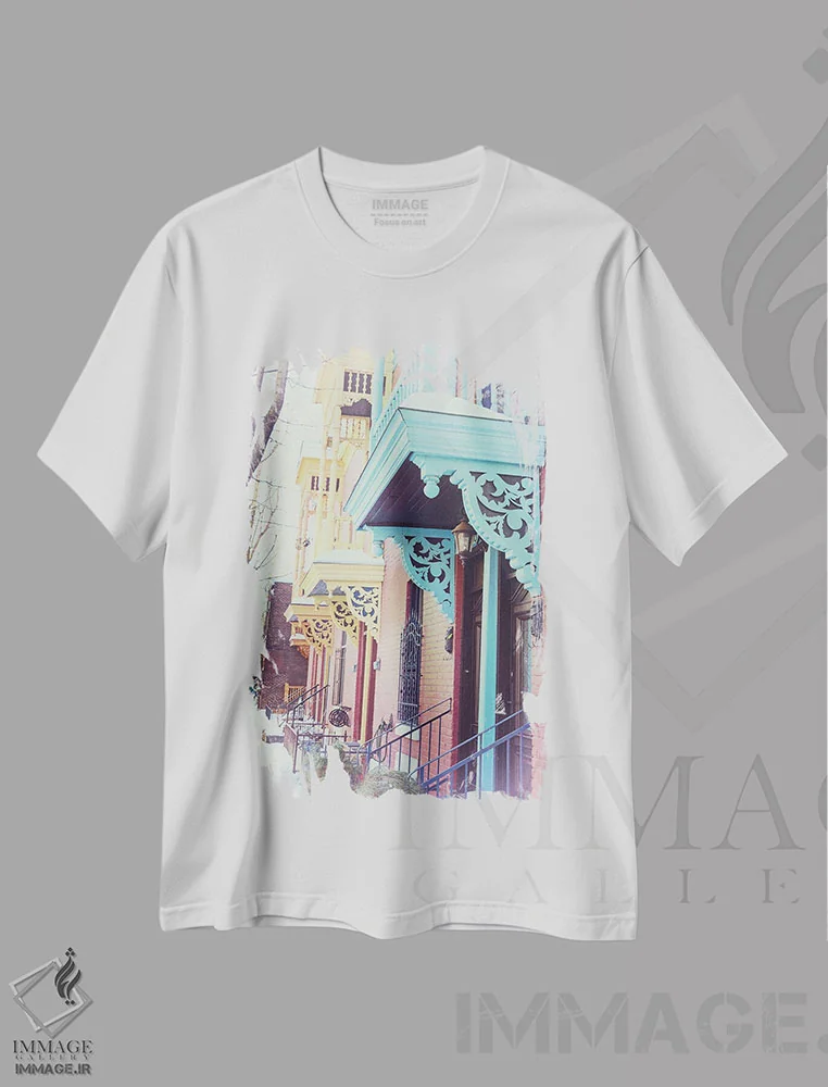 تیشرت سفید طرح دار Montreal,بالکن های رنگارنگ در زمستان، مونترال، مدیوم اثر جین ریکس | immage.ir