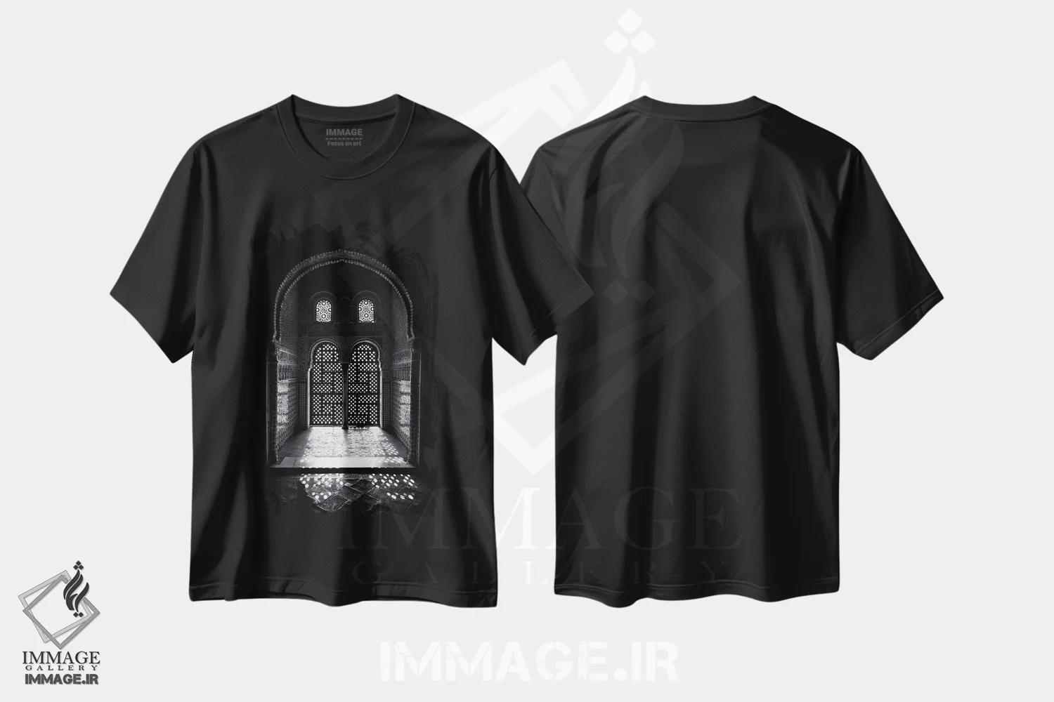 تیشرت مشکی طرح دار Alhambra, Spain,پنجره عربسک الحمرا، اسپانیا، عکاسی سیاه و سفید اثر جین ریکس | immage.ir