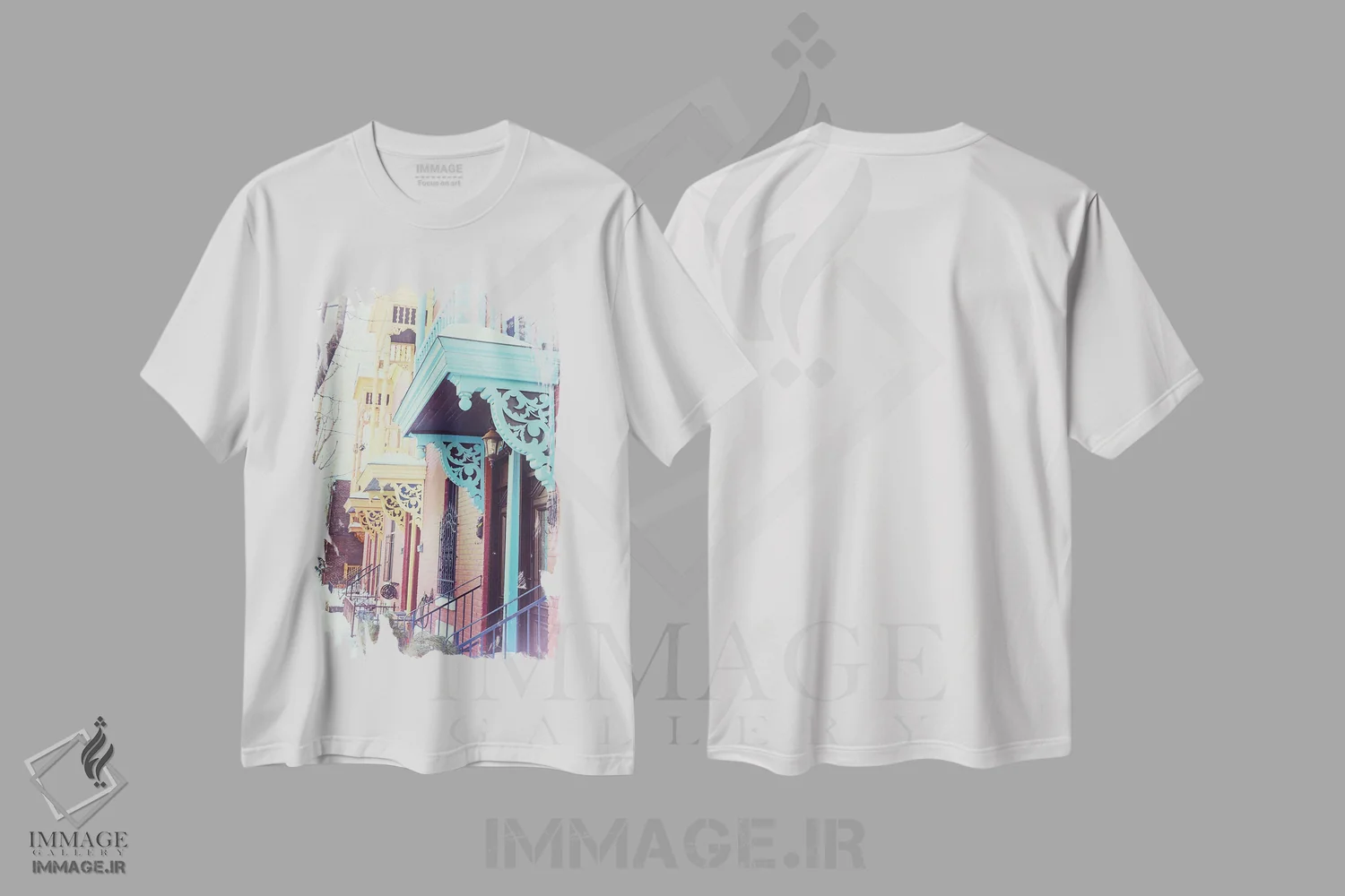 تیشرت سفید طرح دار Montreal,بالکن های رنگارنگ در زمستان، مونترال، مدیوم اثر جین ریکس | immage.ir