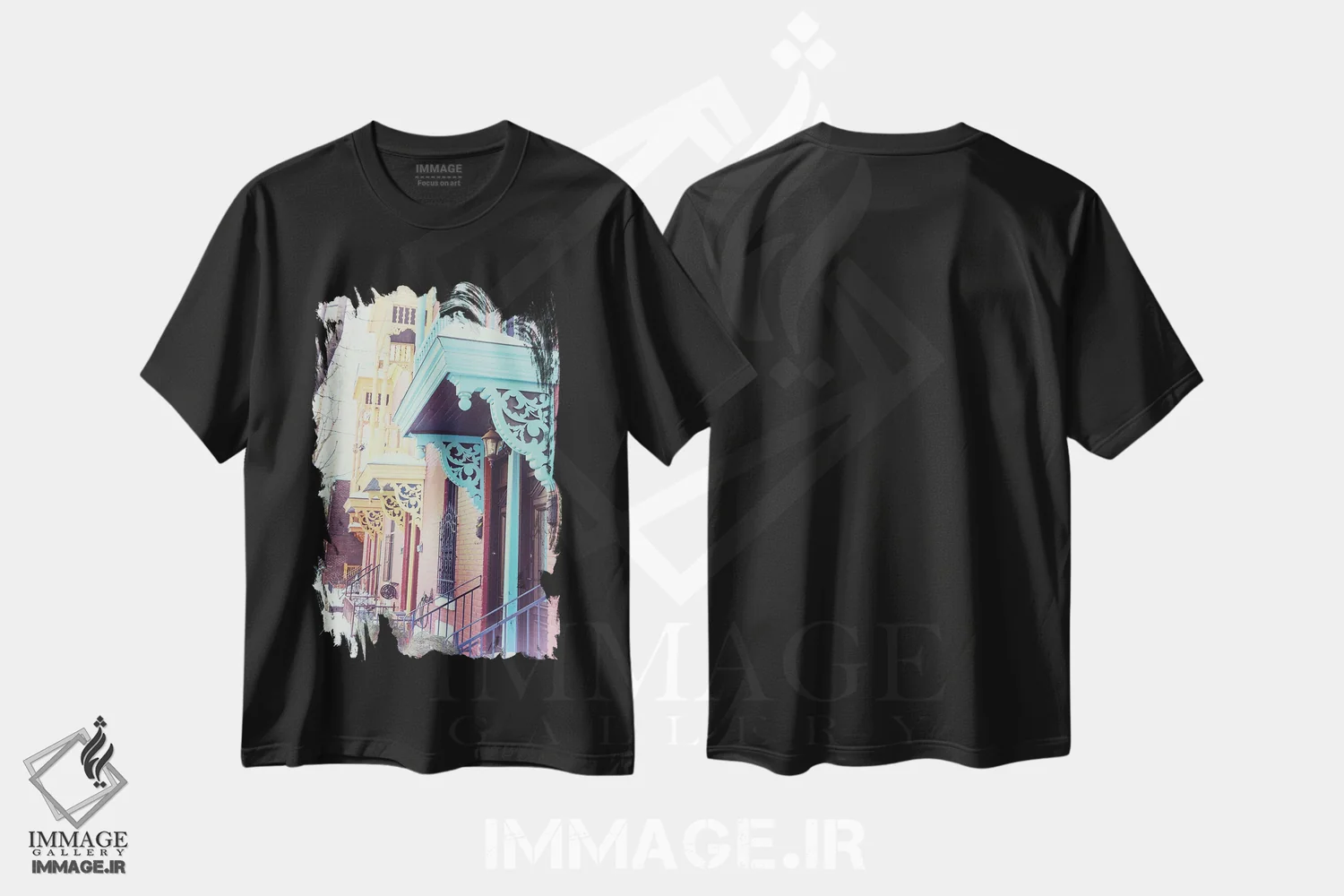 تیشرت مشکی طرح دار Montreal,بالکن های رنگارنگ در زمستان، مونترال، مدیوم اثر جین ریکس | فروشگاه ایماژ