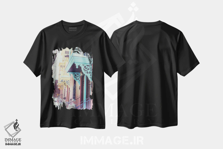 تیشرت مشکی طرح دار Montreal,بالکن های رنگارنگ در زمستان، مونترال، مدیوم اثر جین ریکس | فروشگاه ایماژ