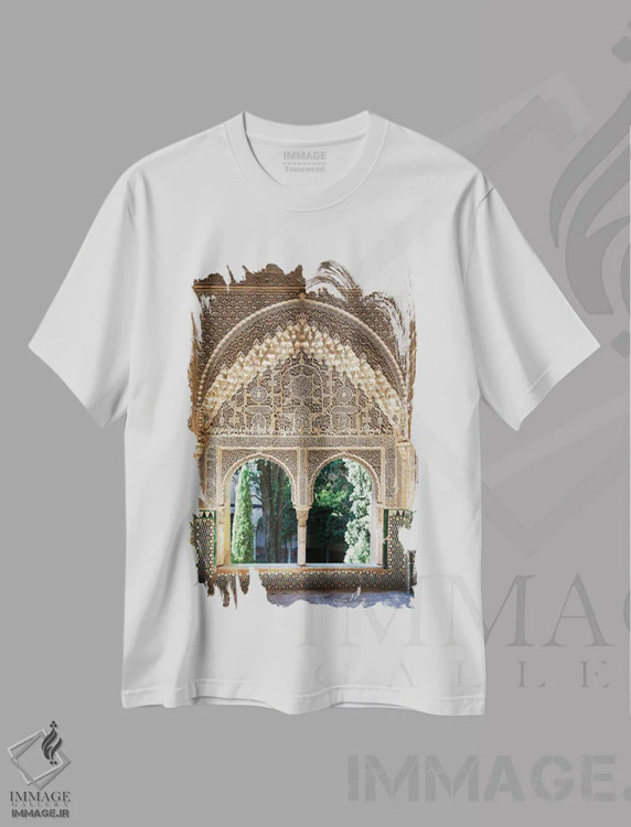 تیشرت سفید طرح دار Alhambra, Spain,پنجره با طراحی موریسالحمرا، اسپانیا، تزئینی اثر جین ریکس | فروشگاه ایماژ