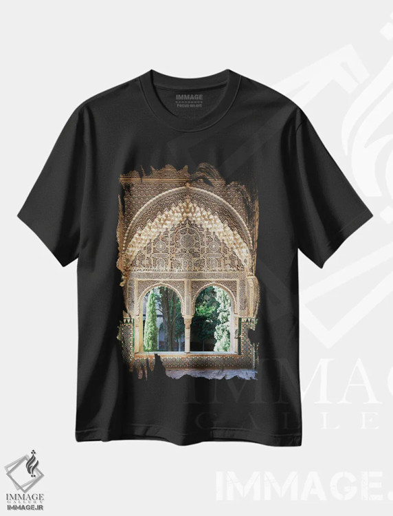 تیشرت مشکی طرح دار Alhambra, Spain,پنجره با طراحی موریسالحمرا، اسپانیا، تزئینی اثر جین ریکس | immage.ir