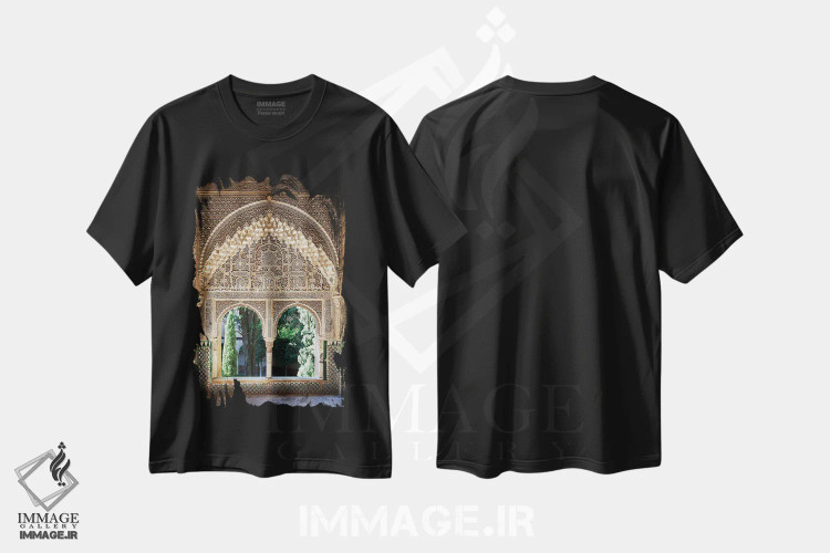 تیشرت مشکی طرح دار Alhambra, Spain,پنجره با طراحی موریسالحمرا، اسپانیا، تزئینی اثر جین ریکس | immage.ir