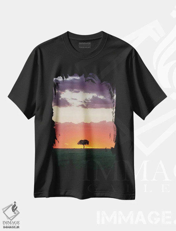 تیشرت مشکی طرح دار درخت آکاسیا در غروب، ماسایی مارا، مدیوم اثر جین ریکس | immage.ir