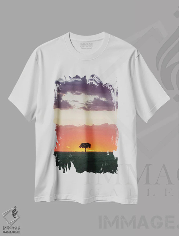 تیشرت سفید طرح دار درخت آکاسیا در غروب، ماسایی مارا، مدیوم اثر جین ریکس | فروشگاه ایماژ