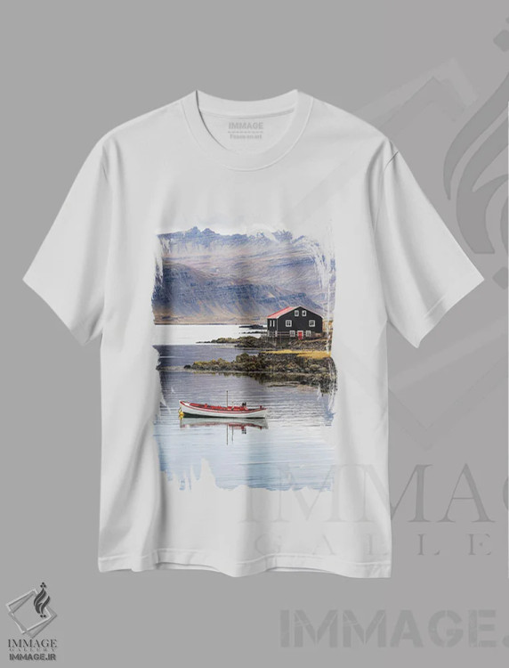 تیشرت سفید طرح دار Iceland,قایق کوچک و خانه چوبی، ایست فیوردز ایسلند، مدیوم اثر جین ریکس | immage.ir