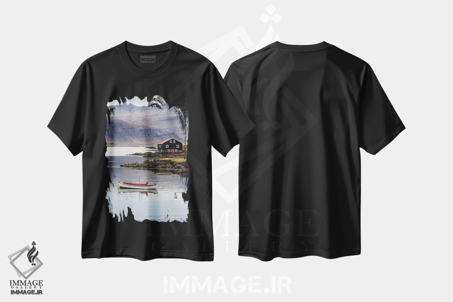 تیشرت مشکی طرح دار Iceland,قایق کوچک و خانه چوبی، ایست فیوردز ایسلند، مدیوم اثر جین ریکس | فروشگاه ایماژ