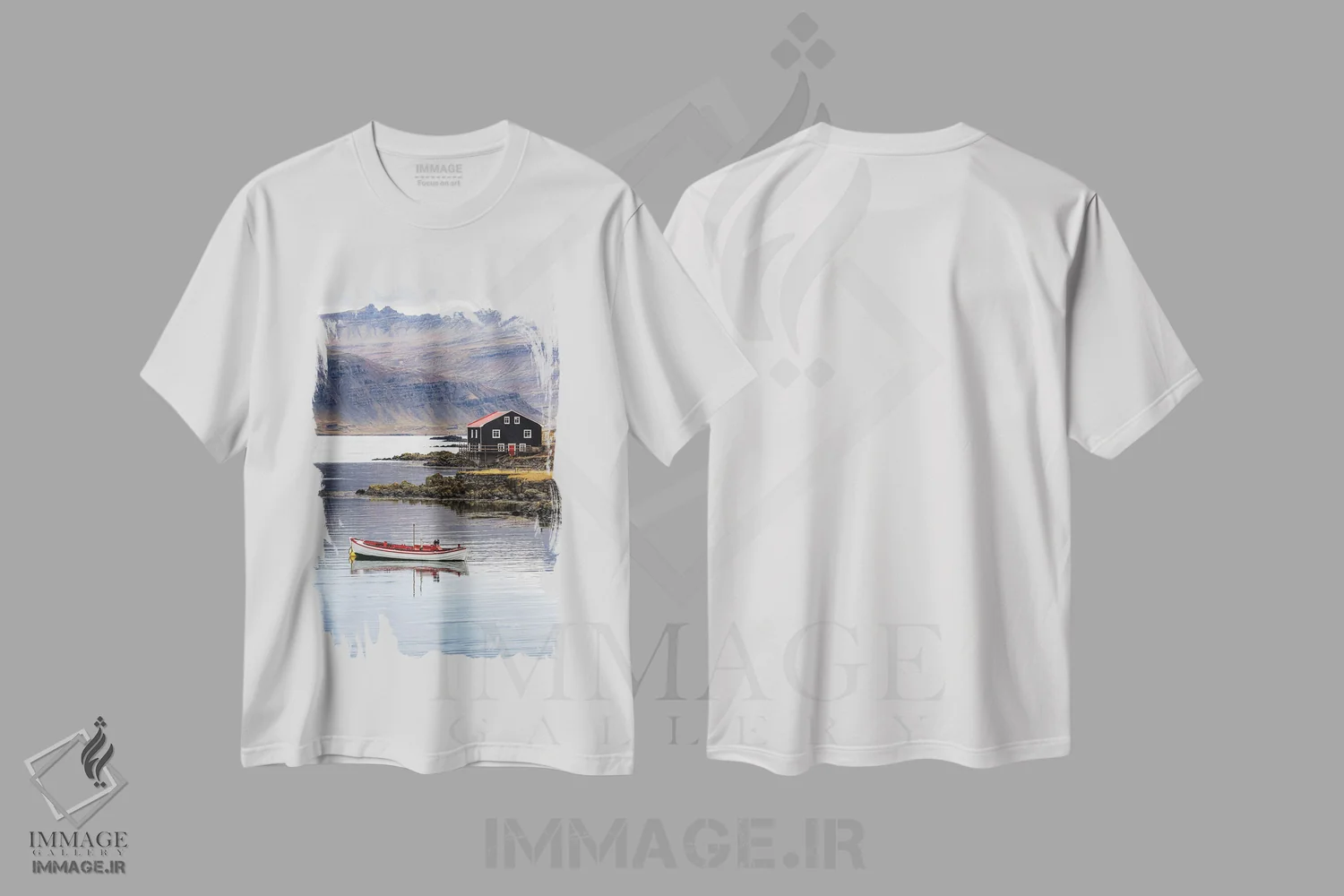 تیشرت سفید طرح دار Iceland,قایق کوچک و خانه چوبی، ایست فیوردز ایسلند، مدیوم اثر جین ریکس | immage.ir