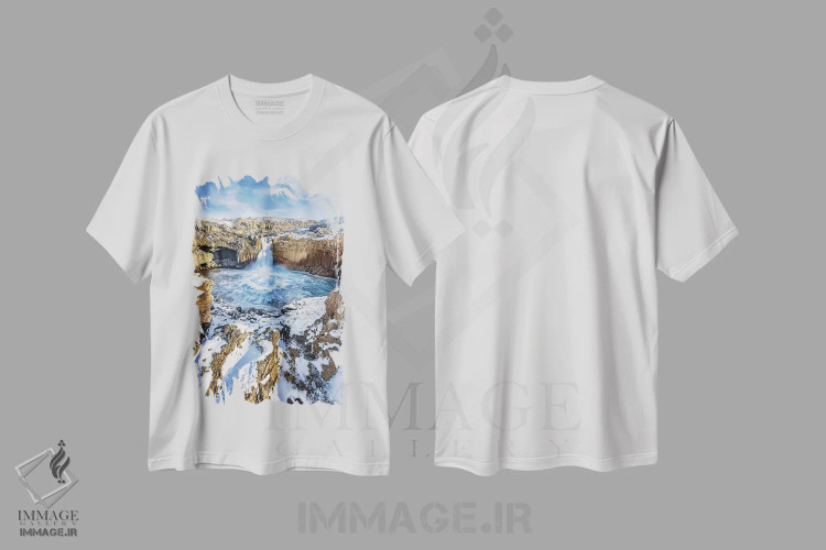 تیشرت سفید طرح دار Iceland,آبشار آلدیایارفوس، ایسلند، مدیوم اثر جین ریکس | immage.ir